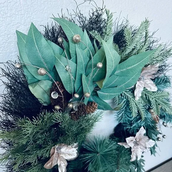 Christmas Greenery Champagne Poinsettia Beaded Berry Stems Holiday Wreath - Picture 4 of 7